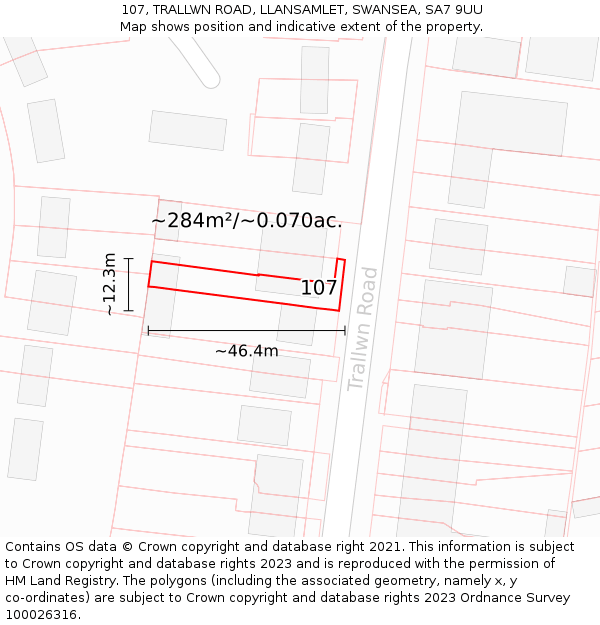 107, TRALLWN ROAD, LLANSAMLET, SWANSEA, SA7 9UU: Plot and title map