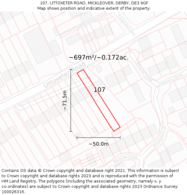 107, UTTOXETER ROAD, MICKLEOVER, DERBY, DE3 9GF: Plot and title map