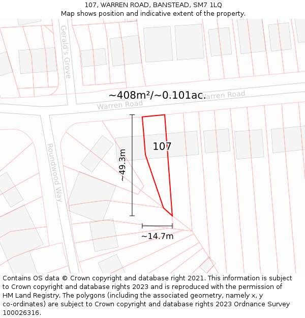 107, WARREN ROAD, BANSTEAD, SM7 1LQ: Plot and title map