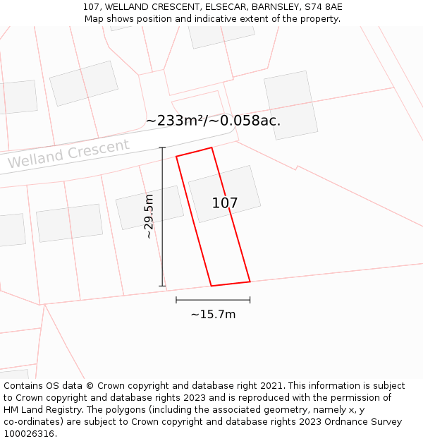 107, WELLAND CRESCENT, ELSECAR, BARNSLEY, S74 8AE: Plot and title map