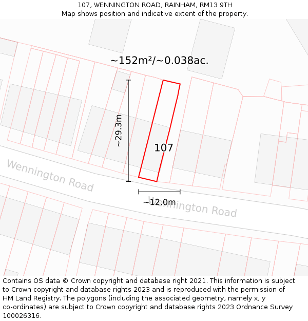 107, WENNINGTON ROAD, RAINHAM, RM13 9TH: Plot and title map