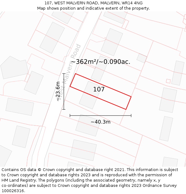 107, WEST MALVERN ROAD, MALVERN, WR14 4NG: Plot and title map