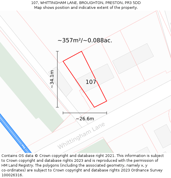 107, WHITTINGHAM LANE, BROUGHTON, PRESTON, PR3 5DD: Plot and title map