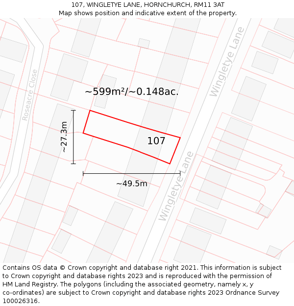 107, WINGLETYE LANE, HORNCHURCH, RM11 3AT: Plot and title map