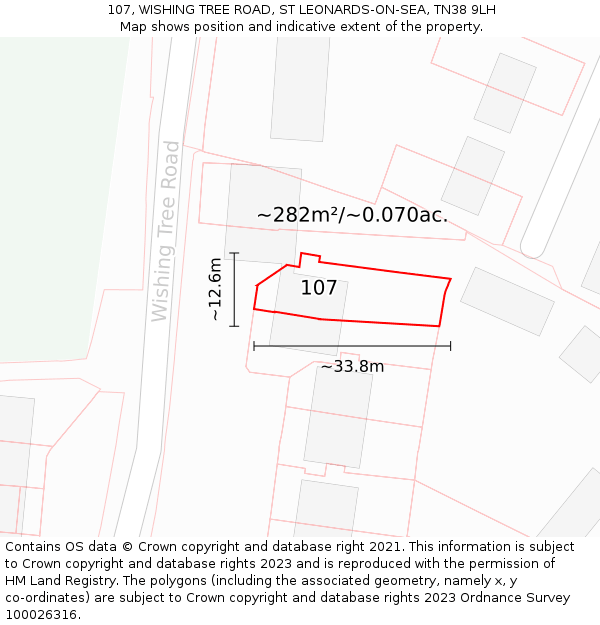 107, WISHING TREE ROAD, ST LEONARDS-ON-SEA, TN38 9LH: Plot and title map