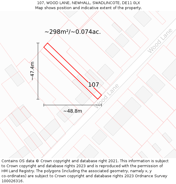 107, WOOD LANE, NEWHALL, SWADLINCOTE, DE11 0LX: Plot and title map