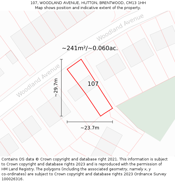 107, WOODLAND AVENUE, HUTTON, BRENTWOOD, CM13 1HH: Plot and title map