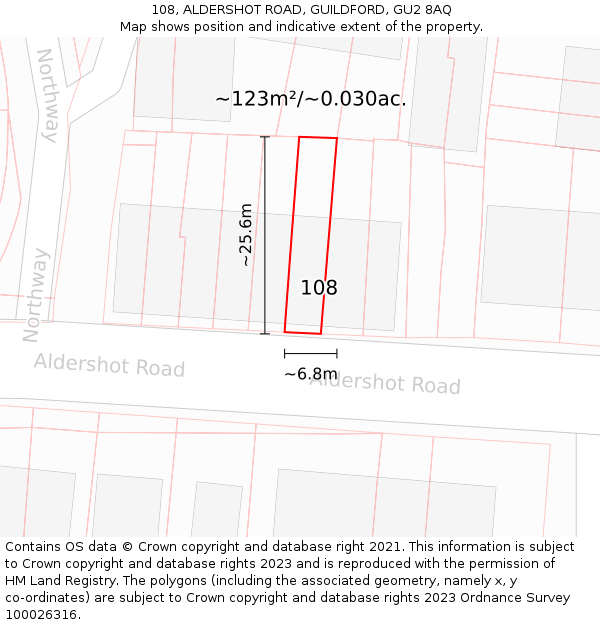 108, ALDERSHOT ROAD, GUILDFORD, GU2 8AQ: Plot and title map