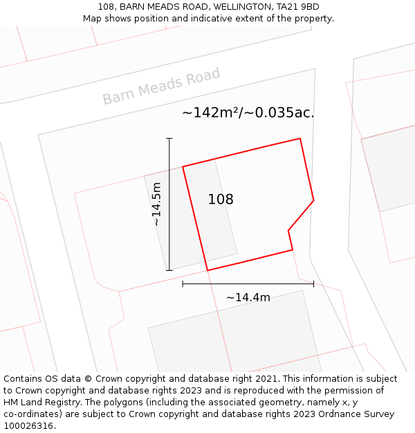 108, BARN MEADS ROAD, WELLINGTON, TA21 9BD: Plot and title map