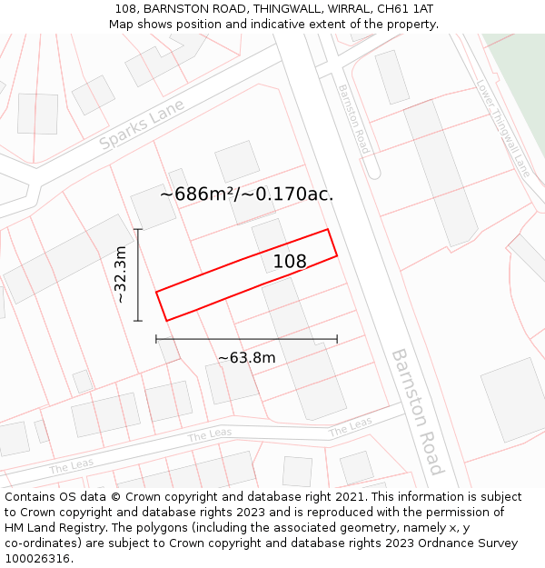 108, BARNSTON ROAD, THINGWALL, WIRRAL, CH61 1AT: Plot and title map