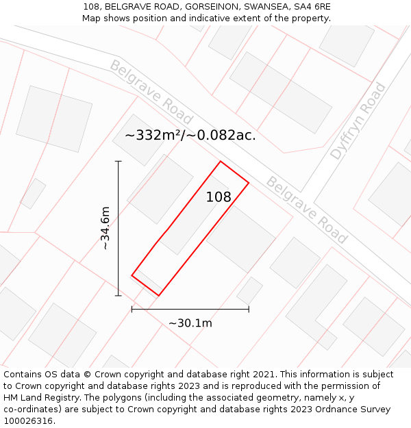 108, BELGRAVE ROAD, GORSEINON, SWANSEA, SA4 6RE: Plot and title map