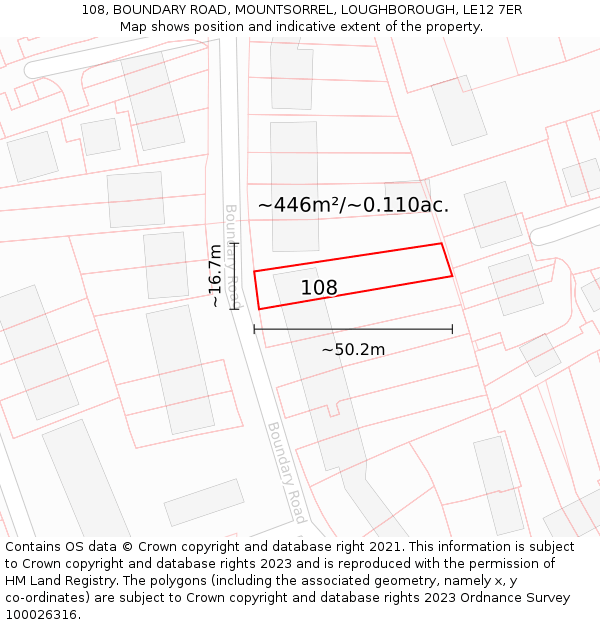 108, BOUNDARY ROAD, MOUNTSORREL, LOUGHBOROUGH, LE12 7ER: Plot and title map