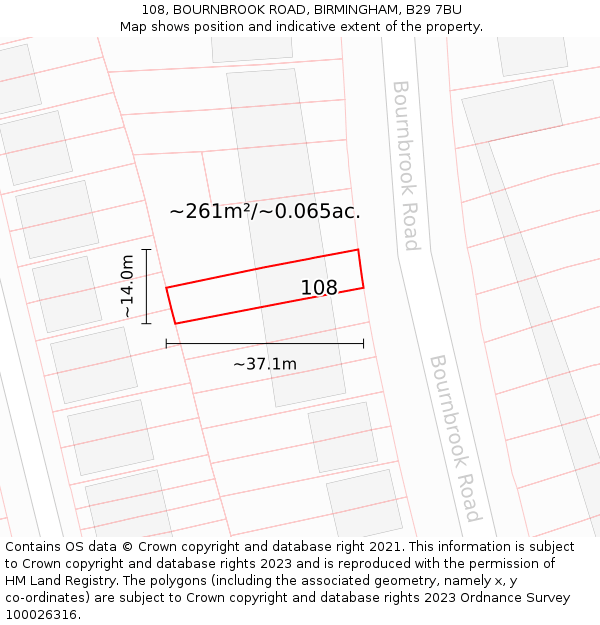 108, BOURNBROOK ROAD, BIRMINGHAM, B29 7BU: Plot and title map