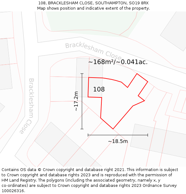 108, BRACKLESHAM CLOSE, SOUTHAMPTON, SO19 8RX: Plot and title map