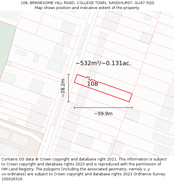 108, BRANKSOME HILL ROAD, COLLEGE TOWN, SANDHURST, GU47 0QG: Plot and title map