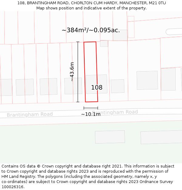 108, BRANTINGHAM ROAD, CHORLTON CUM HARDY, MANCHESTER, M21 0TU: Plot and title map