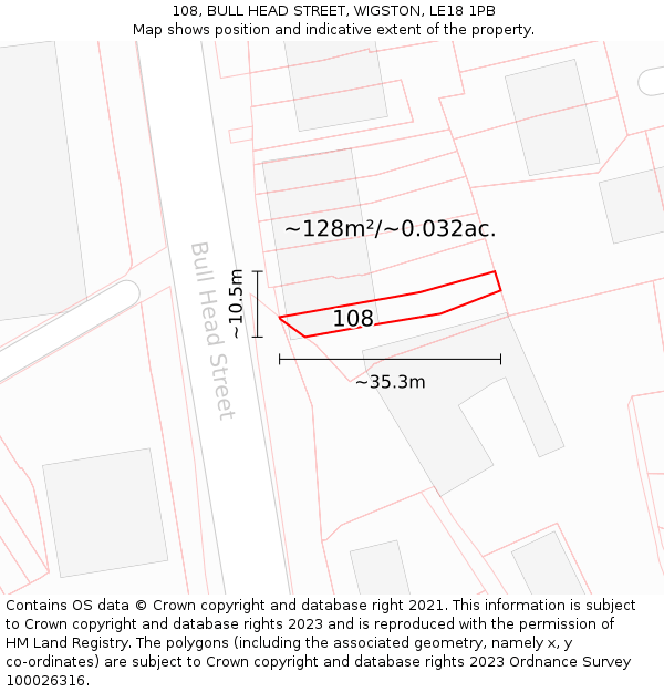 108, BULL HEAD STREET, WIGSTON, LE18 1PB: Plot and title map