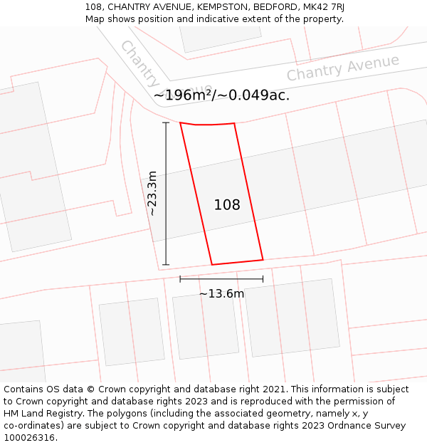 108, CHANTRY AVENUE, KEMPSTON, BEDFORD, MK42 7RJ: Plot and title map