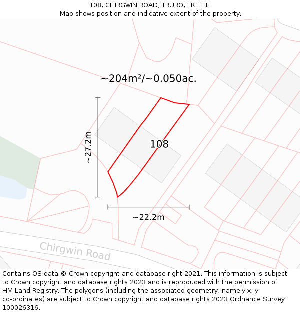 108, CHIRGWIN ROAD, TRURO, TR1 1TT: Plot and title map