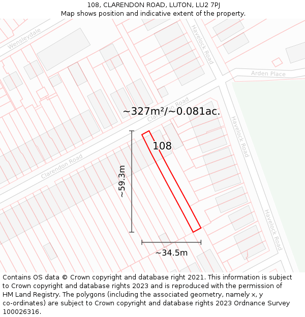 108, CLARENDON ROAD, LUTON, LU2 7PJ: Plot and title map