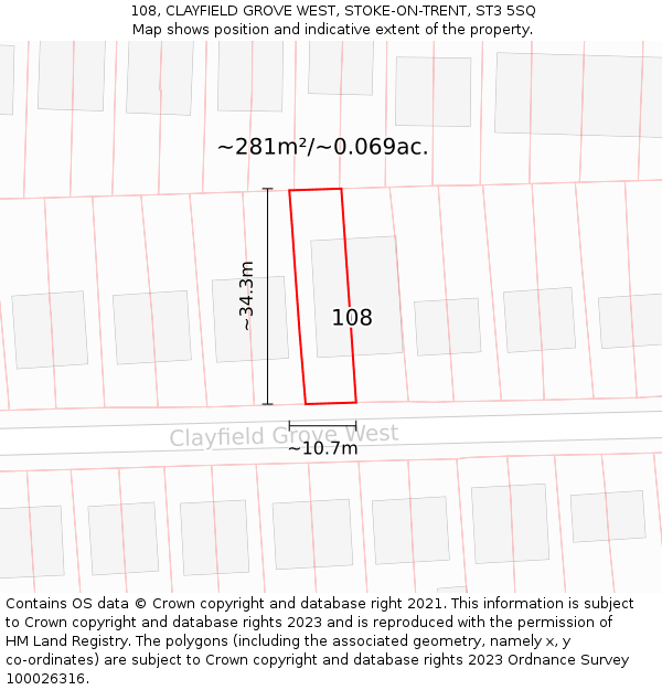 108, CLAYFIELD GROVE WEST, STOKE-ON-TRENT, ST3 5SQ: Plot and title map