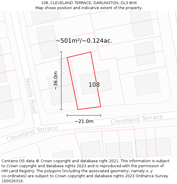 108, CLEVELAND TERRACE, DARLINGTON, DL3 8HX: Plot and title map