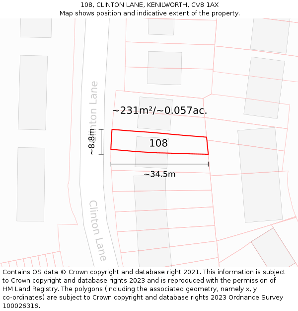 108, CLINTON LANE, KENILWORTH, CV8 1AX: Plot and title map