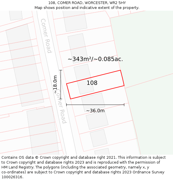 108, COMER ROAD, WORCESTER, WR2 5HY: Plot and title map