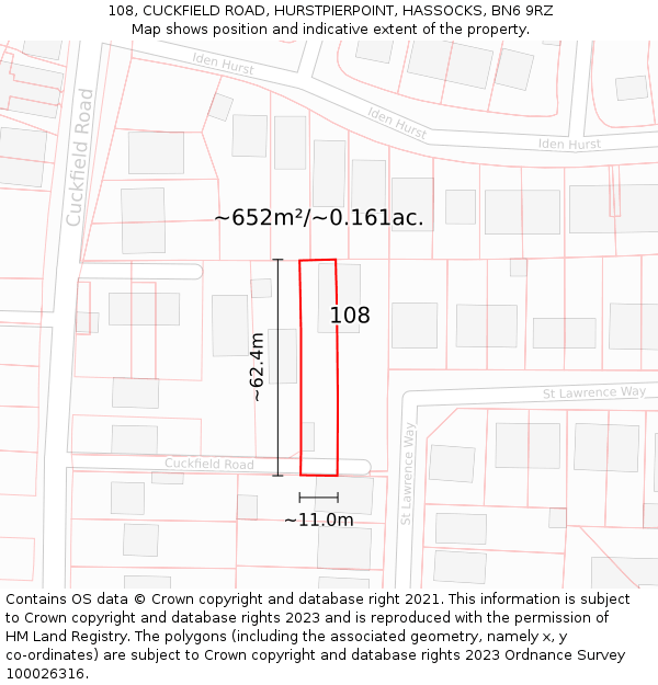 108, CUCKFIELD ROAD, HURSTPIERPOINT, HASSOCKS, BN6 9RZ: Plot and title map