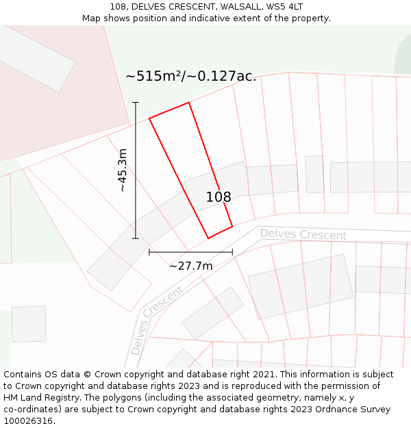 108, DELVES CRESCENT, WALSALL, WS5 4LT: Plot and title map