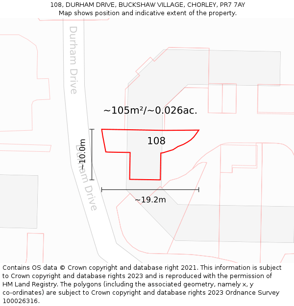 108, DURHAM DRIVE, BUCKSHAW VILLAGE, CHORLEY, PR7 7AY: Plot and title map