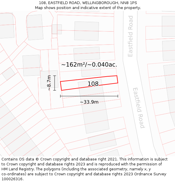 108, EASTFIELD ROAD, WELLINGBOROUGH, NN8 1PS: Plot and title map