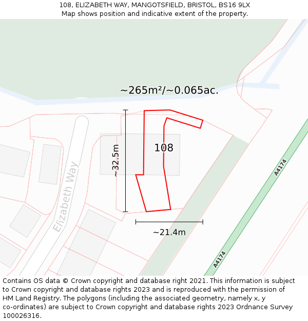 108, ELIZABETH WAY, MANGOTSFIELD, BRISTOL, BS16 9LX: Plot and title map