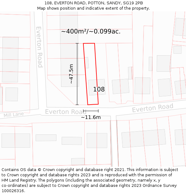 108, EVERTON ROAD, POTTON, SANDY, SG19 2PB: Plot and title map