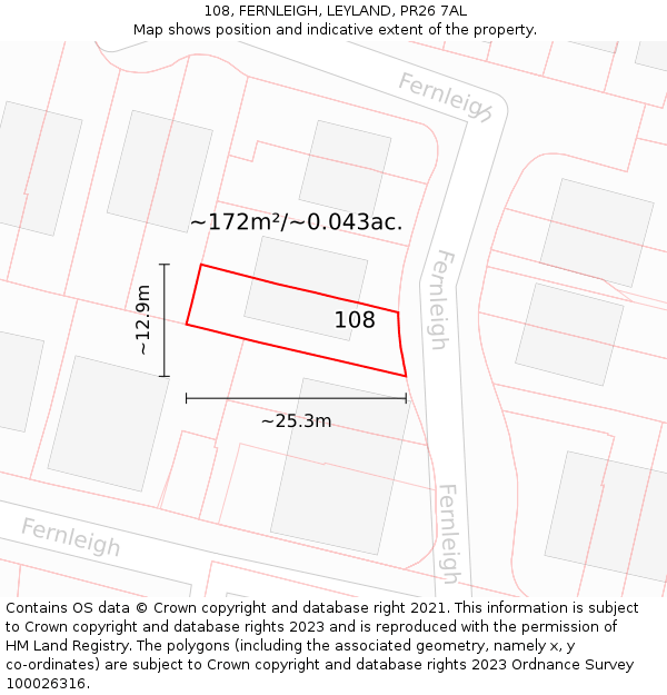 108, FERNLEIGH, LEYLAND, PR26 7AL: Plot and title map