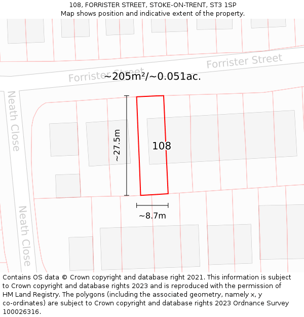 108, FORRISTER STREET, STOKE-ON-TRENT, ST3 1SP: Plot and title map