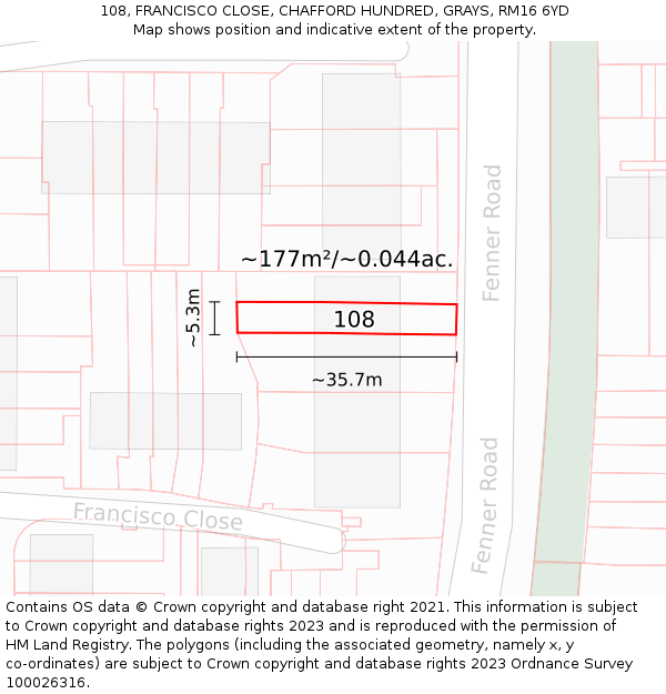 108, FRANCISCO CLOSE, CHAFFORD HUNDRED, GRAYS, RM16 6YD: Plot and title map