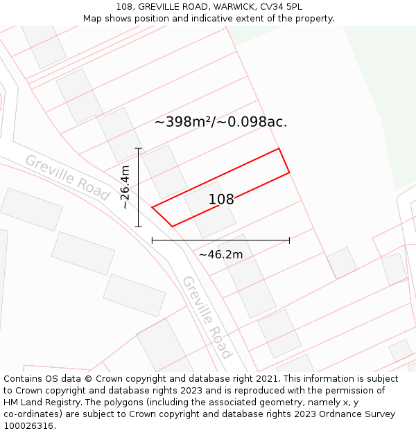 108, GREVILLE ROAD, WARWICK, CV34 5PL: Plot and title map