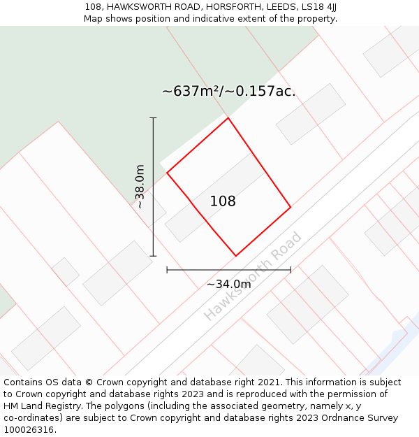 108, HAWKSWORTH ROAD, HORSFORTH, LEEDS, LS18 4JJ: Plot and title map