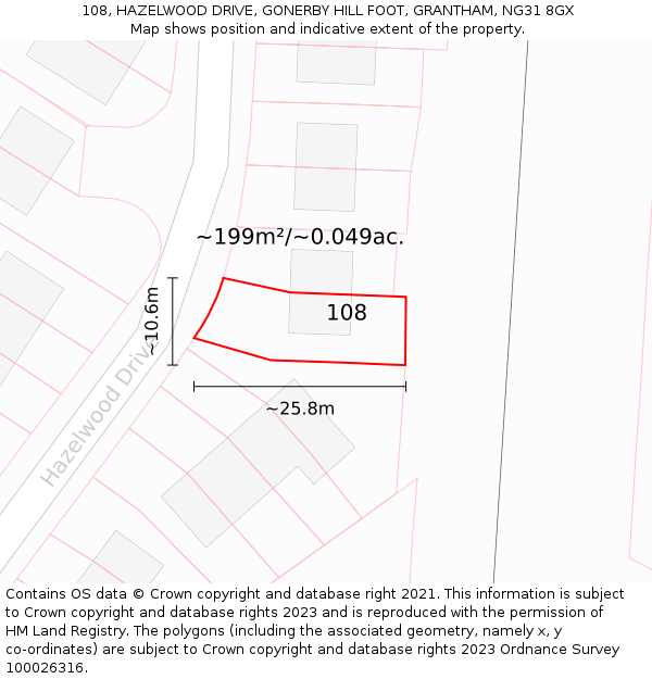 108, HAZELWOOD DRIVE, GONERBY HILL FOOT, GRANTHAM, NG31 8GX: Plot and title map