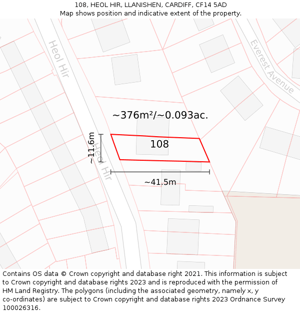 108, HEOL HIR, LLANISHEN, CARDIFF, CF14 5AD: Plot and title map