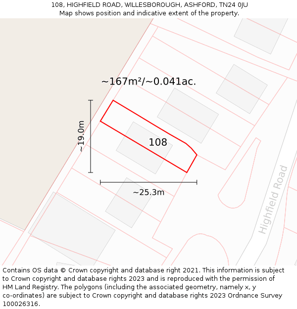 108, HIGHFIELD ROAD, WILLESBOROUGH, ASHFORD, TN24 0JU: Plot and title map