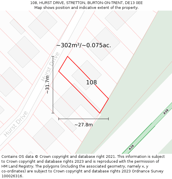 108, HURST DRIVE, STRETTON, BURTON-ON-TRENT, DE13 0EE: Plot and title map