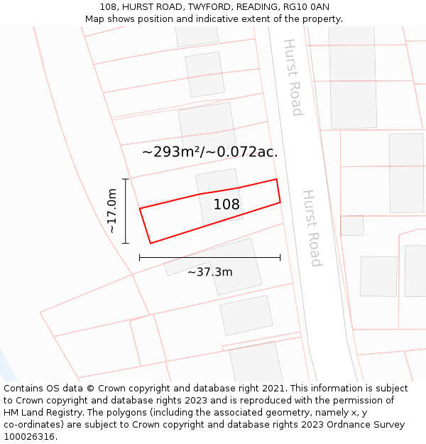 108, HURST ROAD, TWYFORD, READING, RG10 0AN: Plot and title map