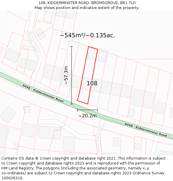 108, KIDDERMINSTER ROAD, BROMSGROVE, B61 7LD: Plot and title map