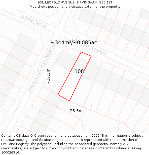 108, LEOPOLD AVENUE, BIRMINGHAM, B20 1ET: Plot and title map