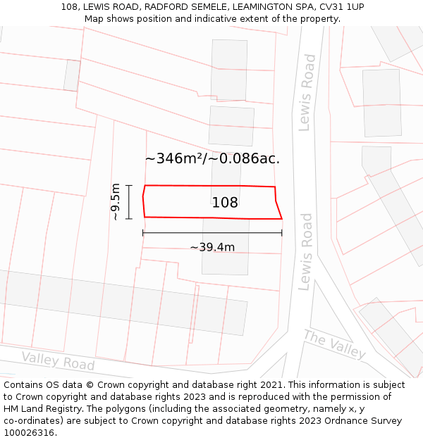 108, LEWIS ROAD, RADFORD SEMELE, LEAMINGTON SPA, CV31 1UP: Plot and title map