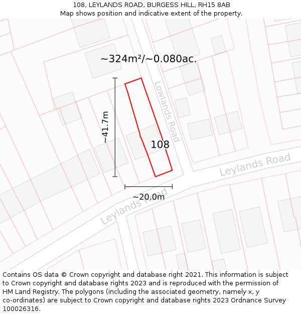 108, LEYLANDS ROAD, BURGESS HILL, RH15 8AB: Plot and title map