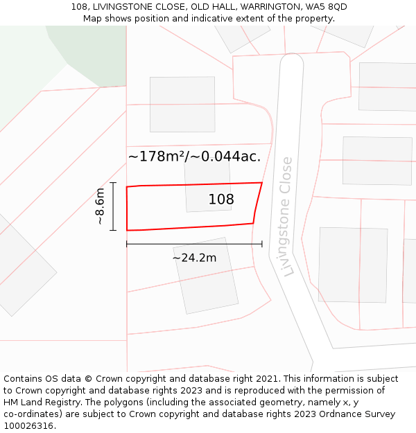 108, LIVINGSTONE CLOSE, OLD HALL, WARRINGTON, WA5 8QD: Plot and title map