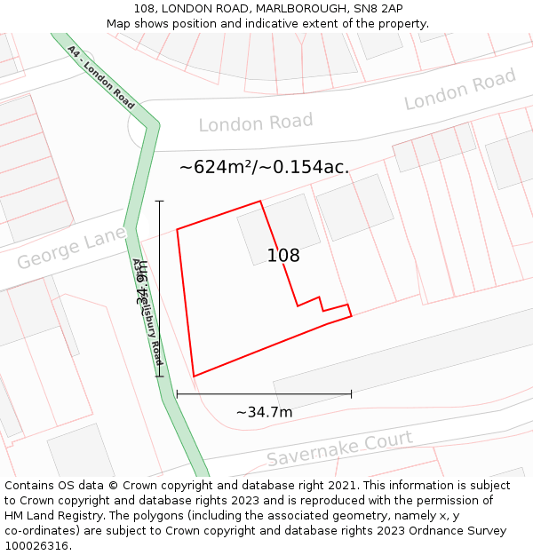 108, LONDON ROAD, MARLBOROUGH, SN8 2AP: Plot and title map